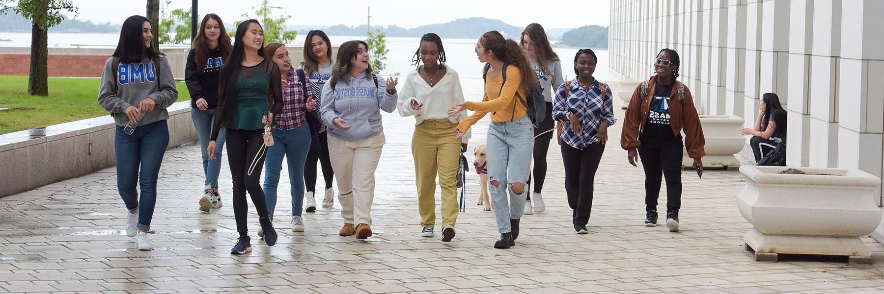 Group of students walk on plaza.